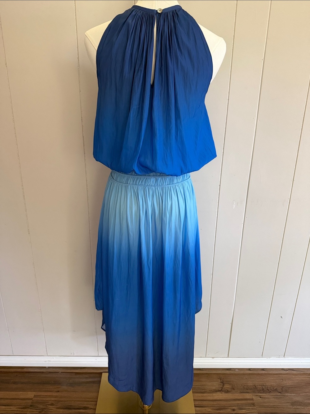 Ramy Brook New York Blue Ombre Pleated Midi Dress Halter Handkerchief Hem XS - Picture 6 of 16
